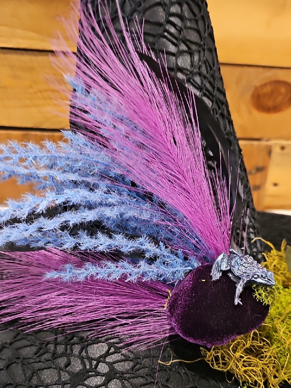 Custom Black Cobweb Lace Witch Hat w/Frogs & Moss, Black Lipstick & Arm Warmers - Picture 7 of 15